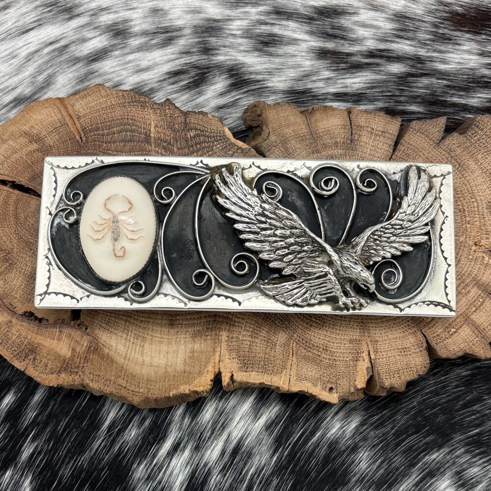 SOUTHWEST STYLE Nickel Silver Statement Belt Buckle Eagle & Scorpion Signed TT